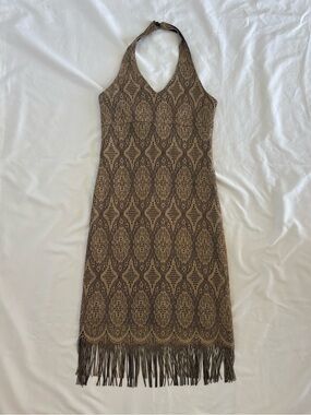 Vtg Alyn Paige Fringe/Tassle Hem Halter Dress Womens 3/4 Black Gold Metallic 90s